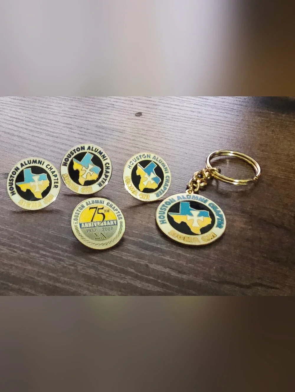 Houston Sigma Chi Alumni Chapter Gold & Blue Keychain and Pins Set